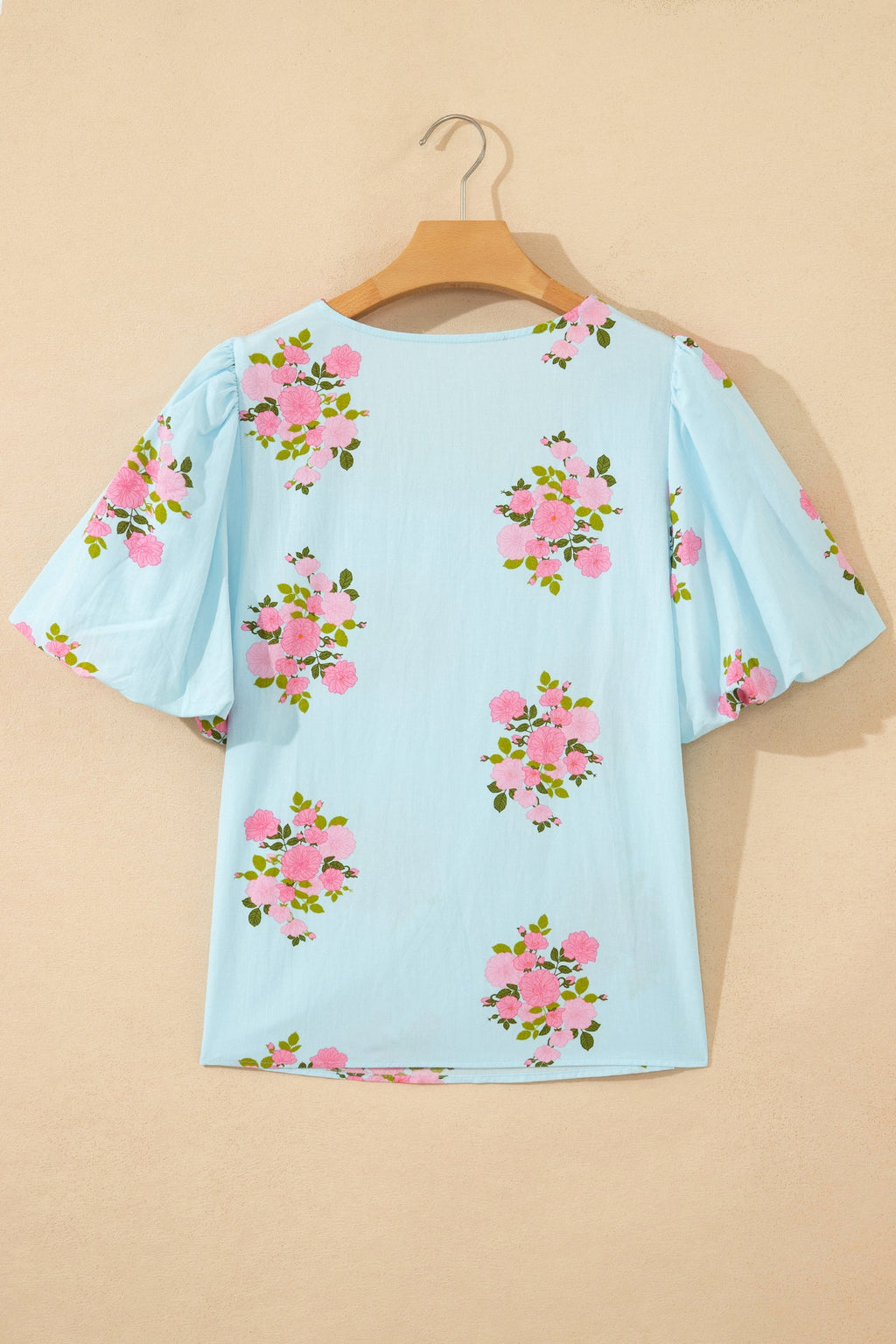 Sky Blue Floral Printed Contrast Ricrac Detail Bubble Sleeve Blouse