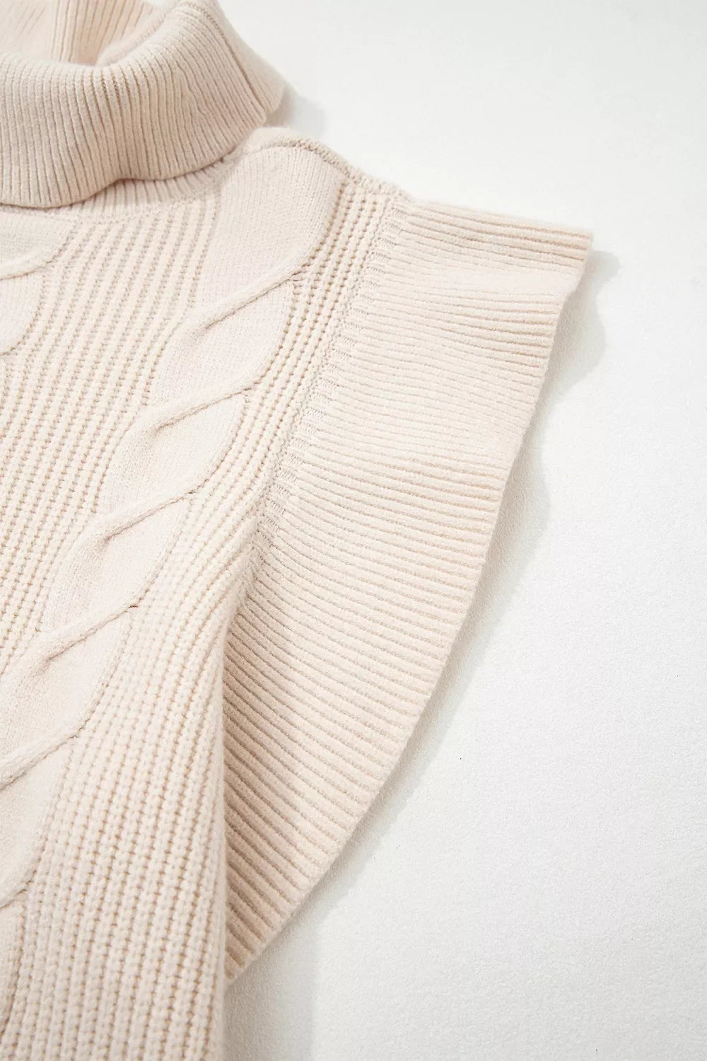 Cable Knit Turtleneck Ruffled Short Sleeve Sweater