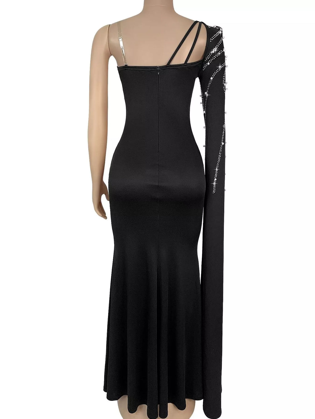 Rhinestone Pearl Detail One-Shoulder Mermaid Maxi Dress