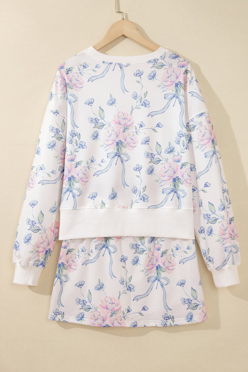 White Floral Print Long Sleeve Top Elastic Waist Skort Two Piece Dresses