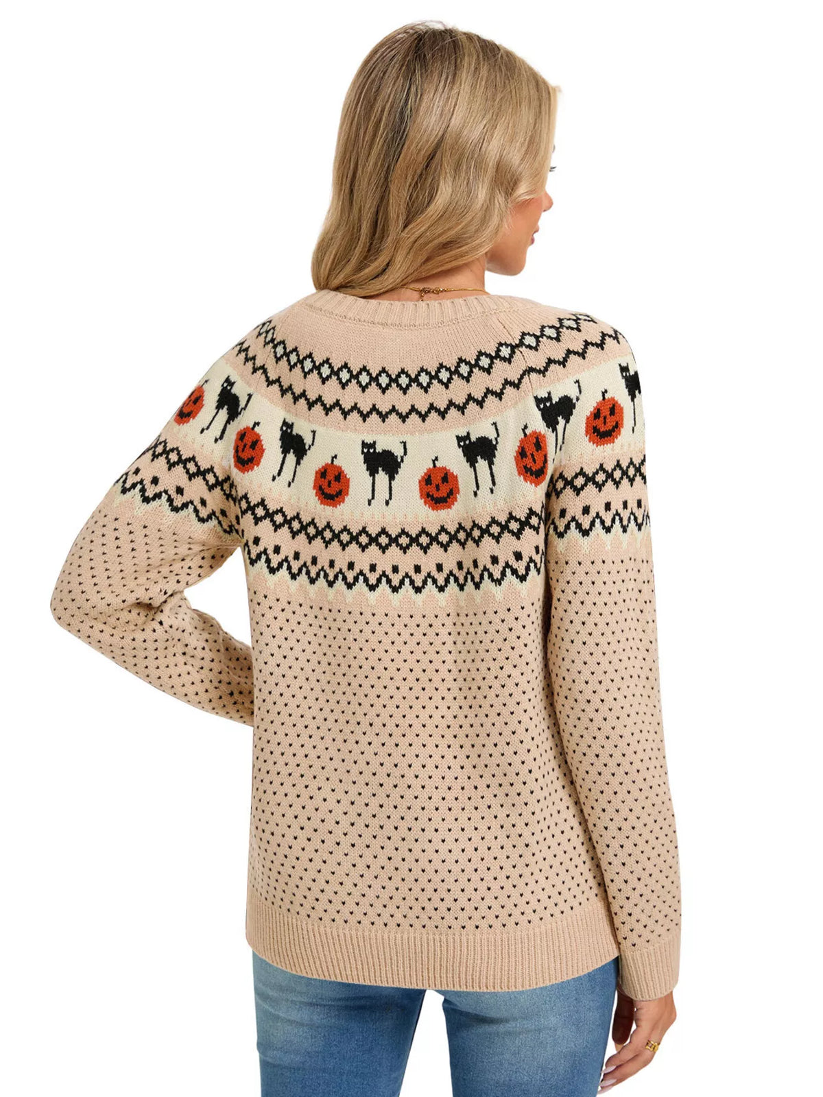 Halloween Pumpkin and Cat Pattern Knit Round Neck Sweater