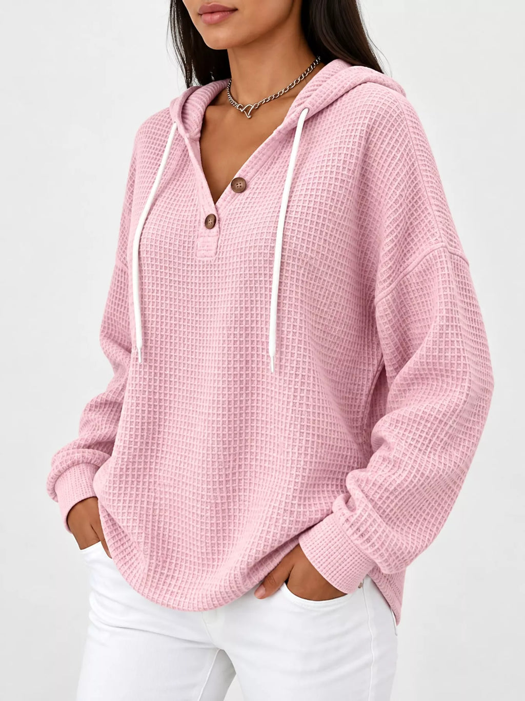 Full Size Waffle Knit Button Detail Hoodie Plus Size
