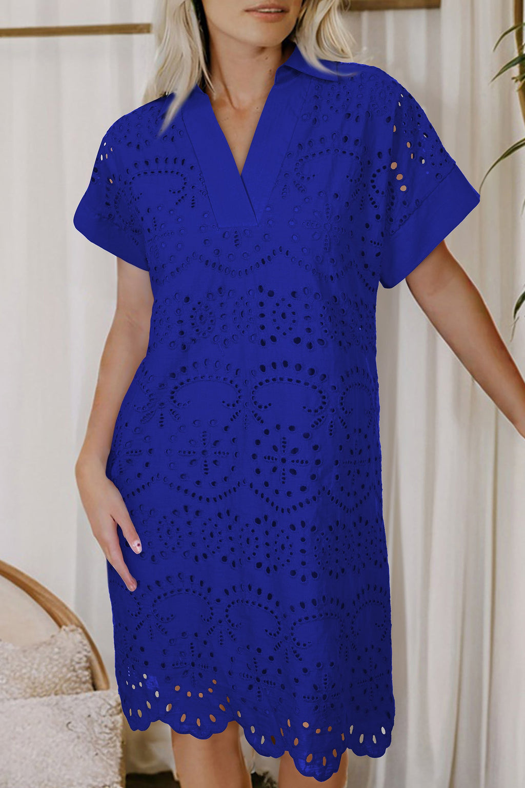 Black Solid Color Eyelet Embroidered T Shirt Mini Dress