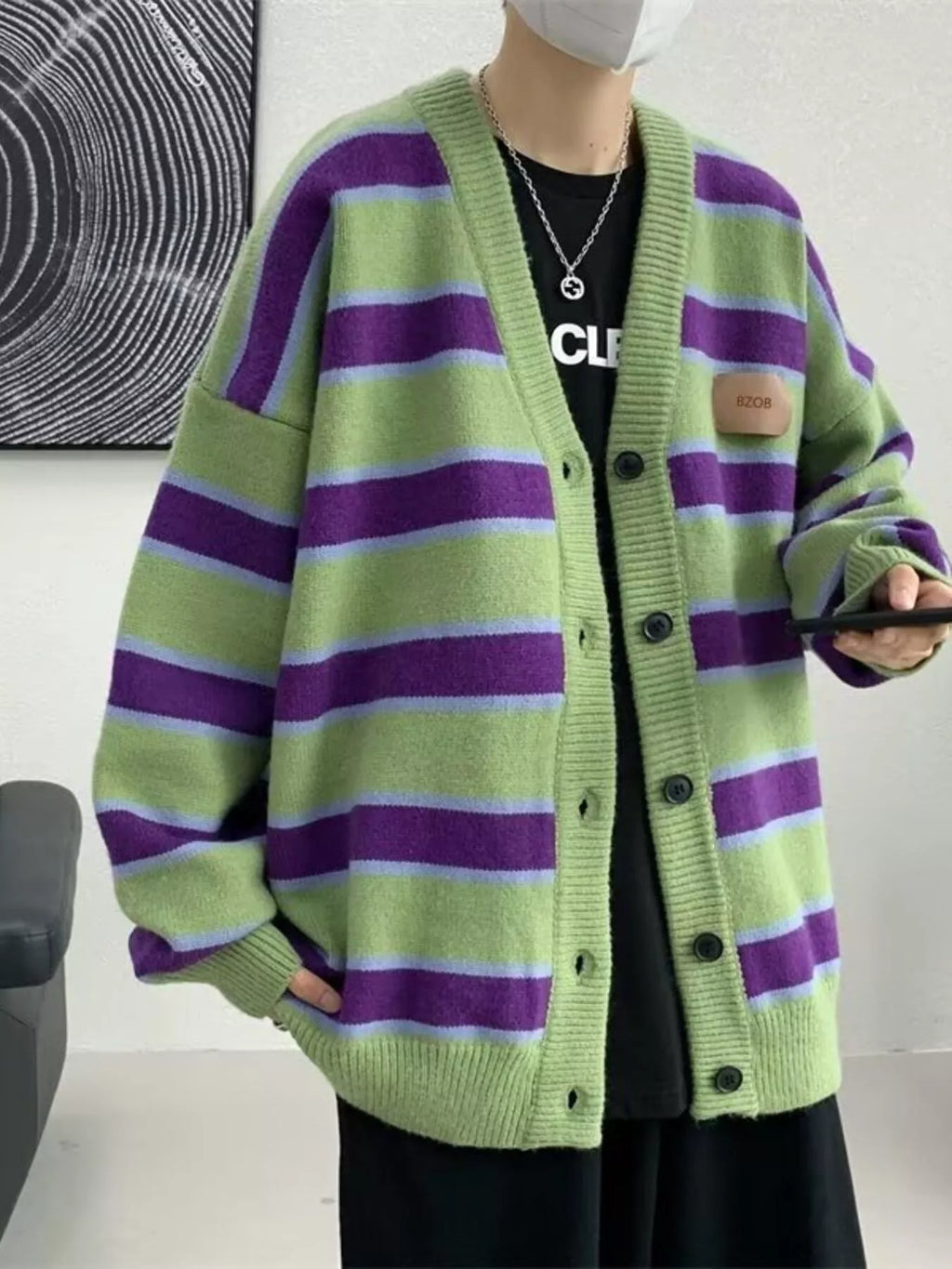 Men's Striped V-Neck Knitted Cardigan