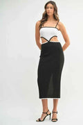 Black Ribbed Knit Color Block Cutout Midi Dress