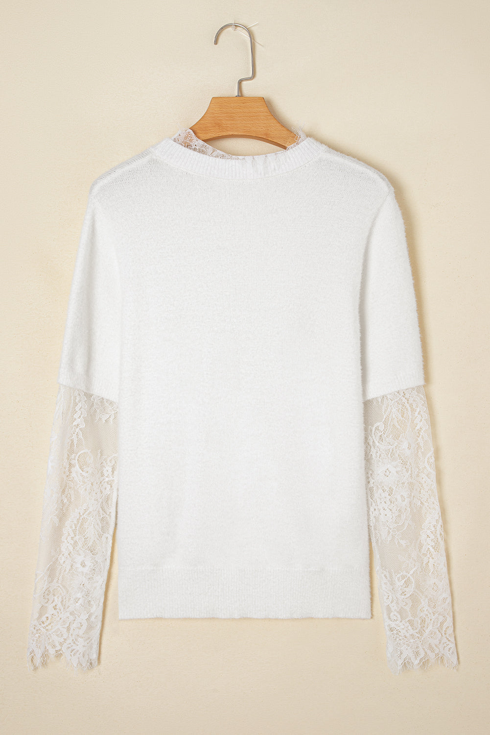 Lace Patchwork Sleeve Faux Two-Piece Fuzzy Sweater