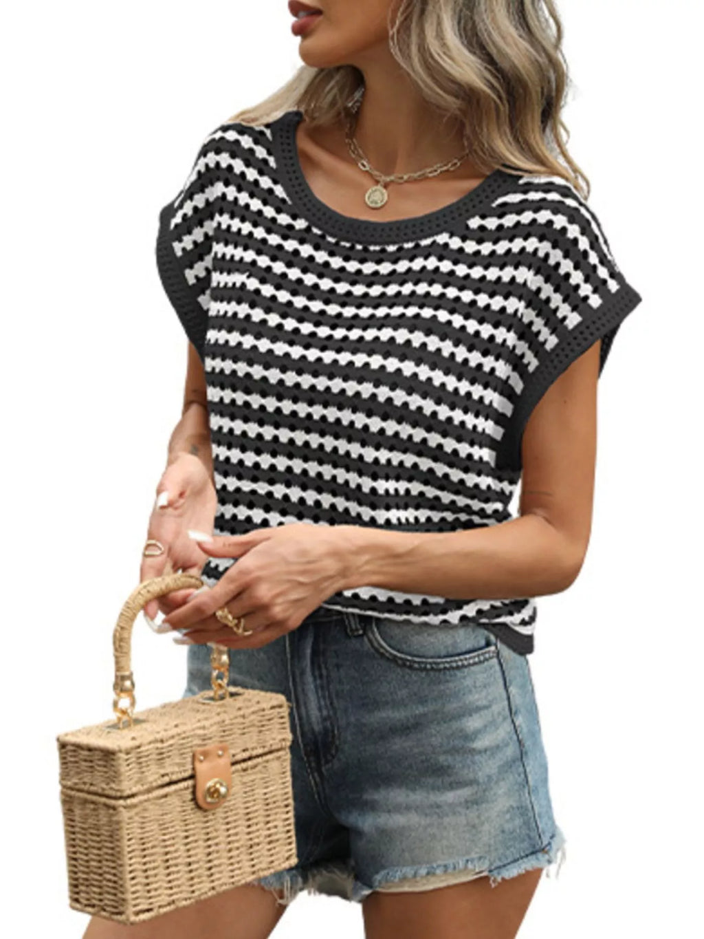 Striped Hollow Out Knit Top