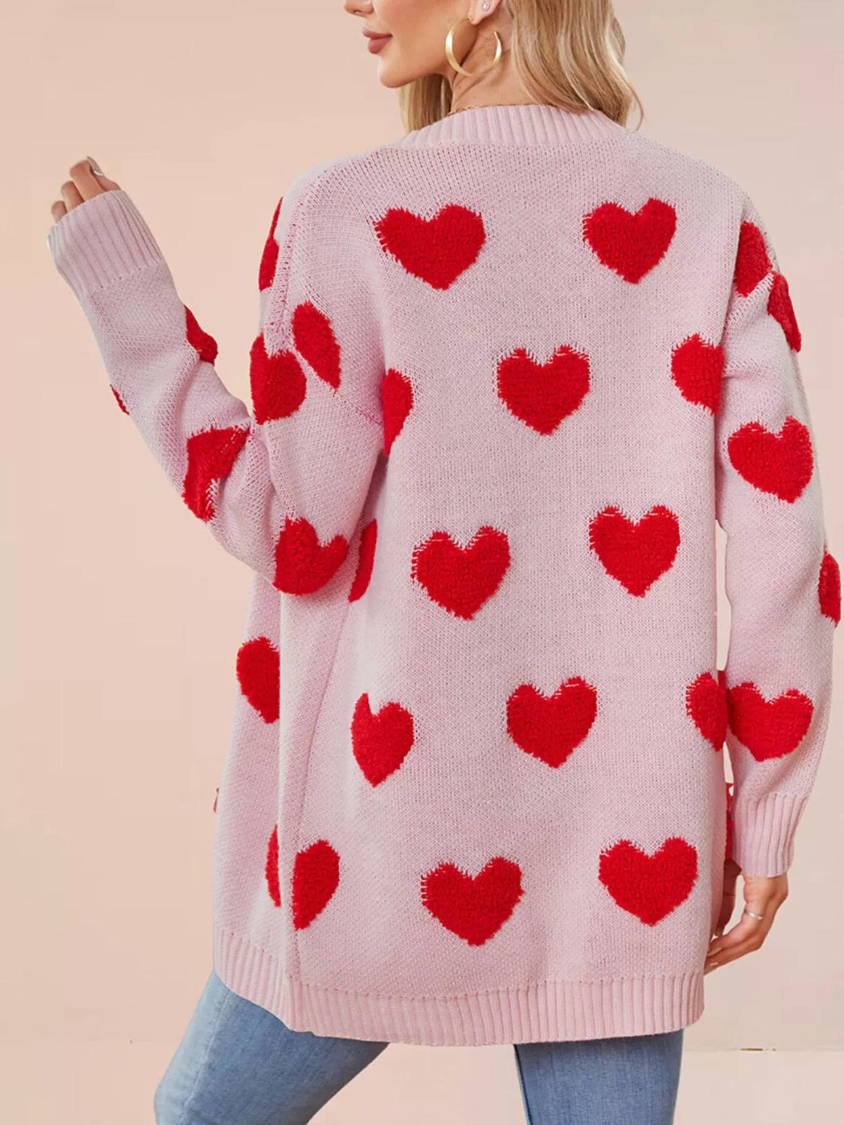 Heart Pattern V-Neck Button-Down Knit Cardigan