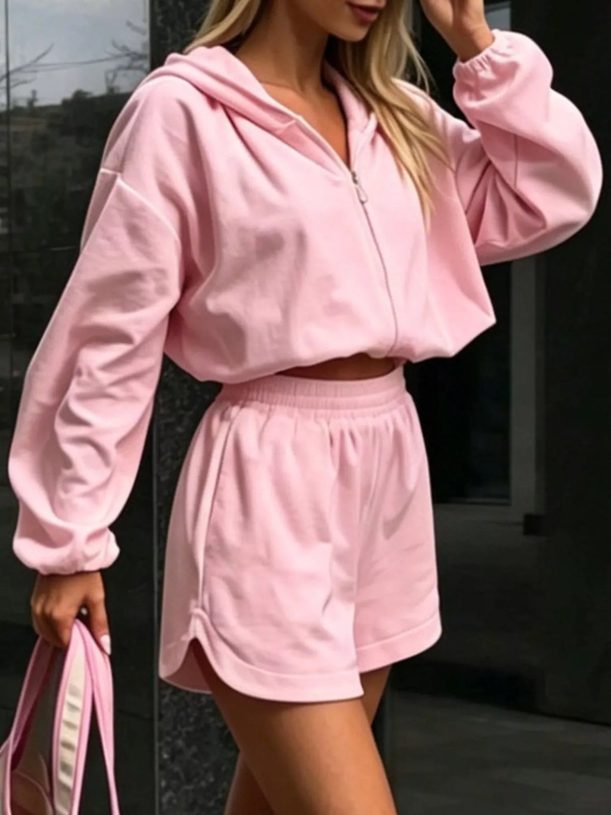 Zip Up Crop Hoodie and Shorts Set