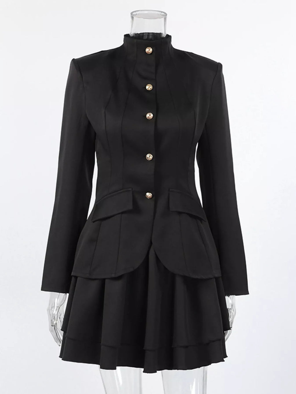 Elegant Stand Collar Blazer and Mini Skirt Set