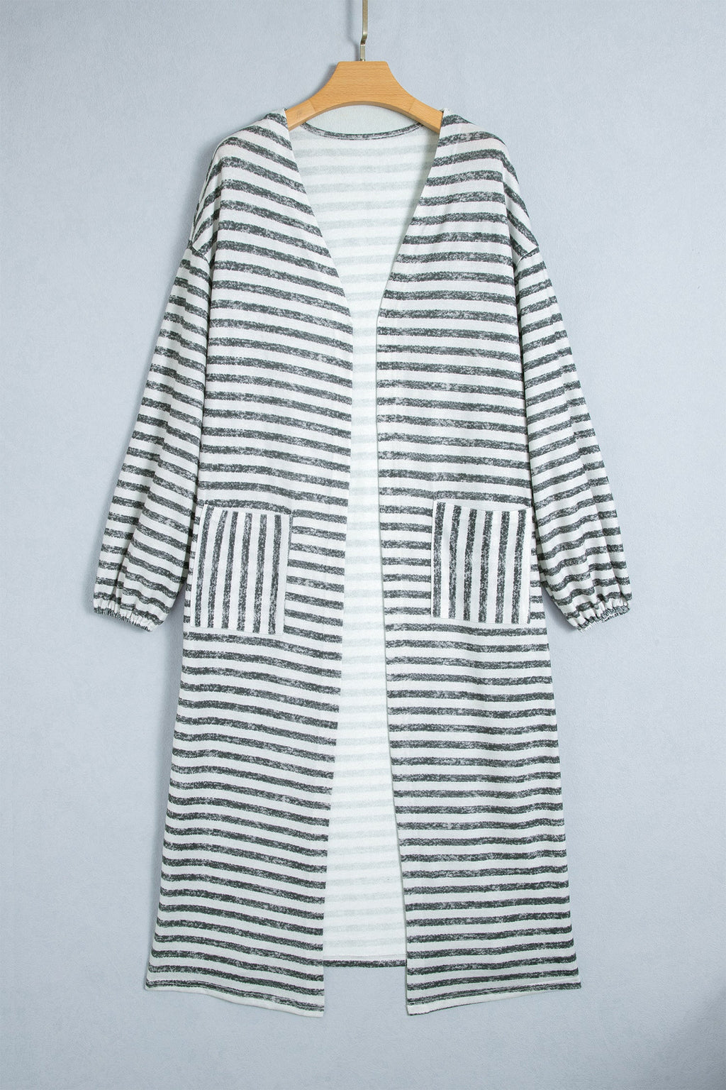 Khaki Stripe Long Puff Sleeve Open Front Oversized Long Cardigan