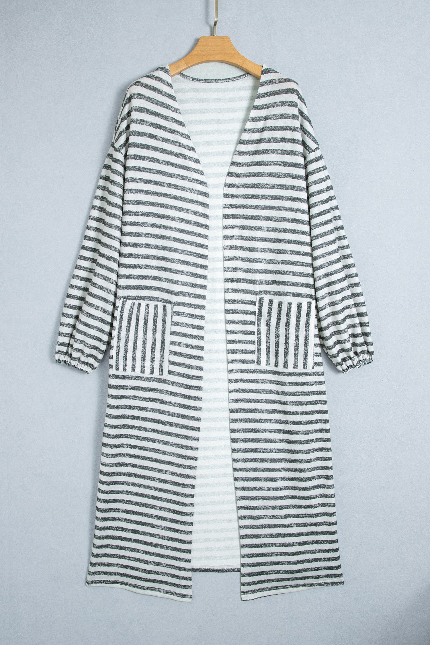 Khaki Stripe Long Puff Sleeve Open Front Oversized Long Cardigan