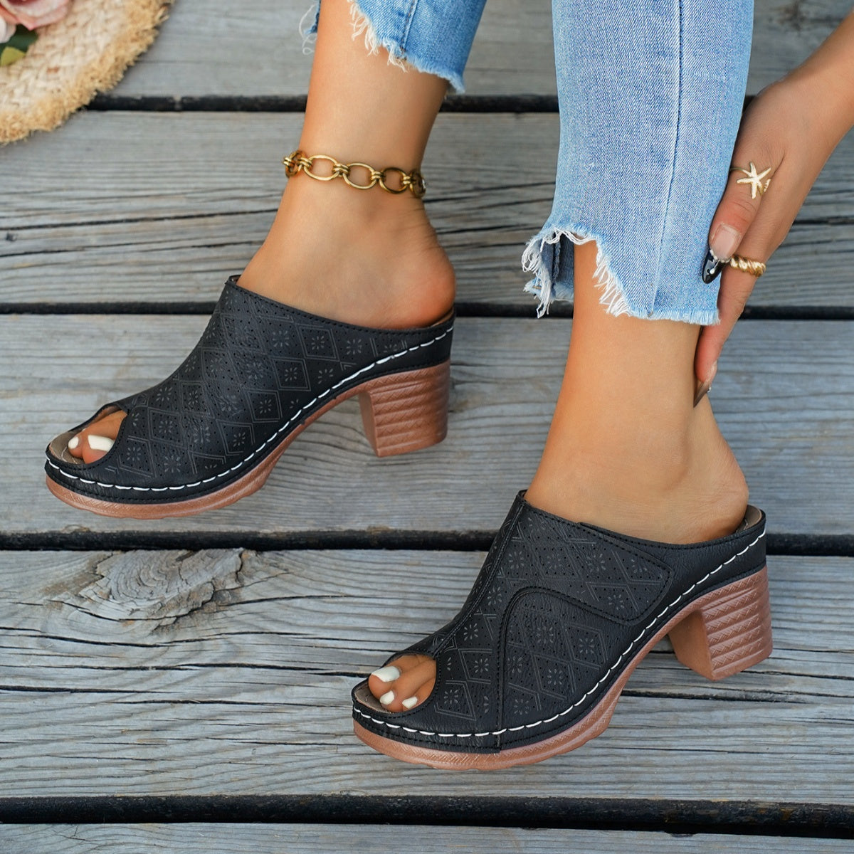 Peep Toe Block Heel Sandals