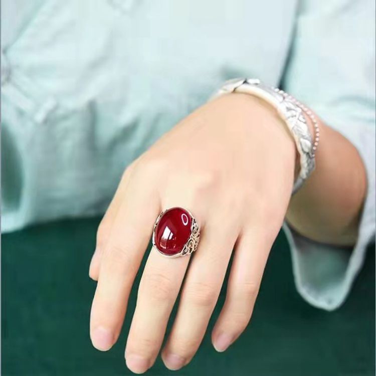 Crown Diamond Ring With Hollow Pattern, Adjustable Ethnic Style Ring, Red Agate Chalcedony, Copper Plated With White Gold, Open Ring For Women