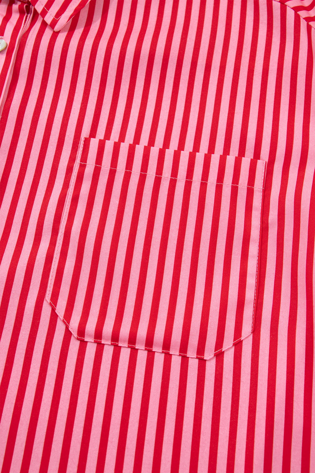Red Stripe Button-Up Shirt Long Sleeve Patch Pocket Casual Shirt