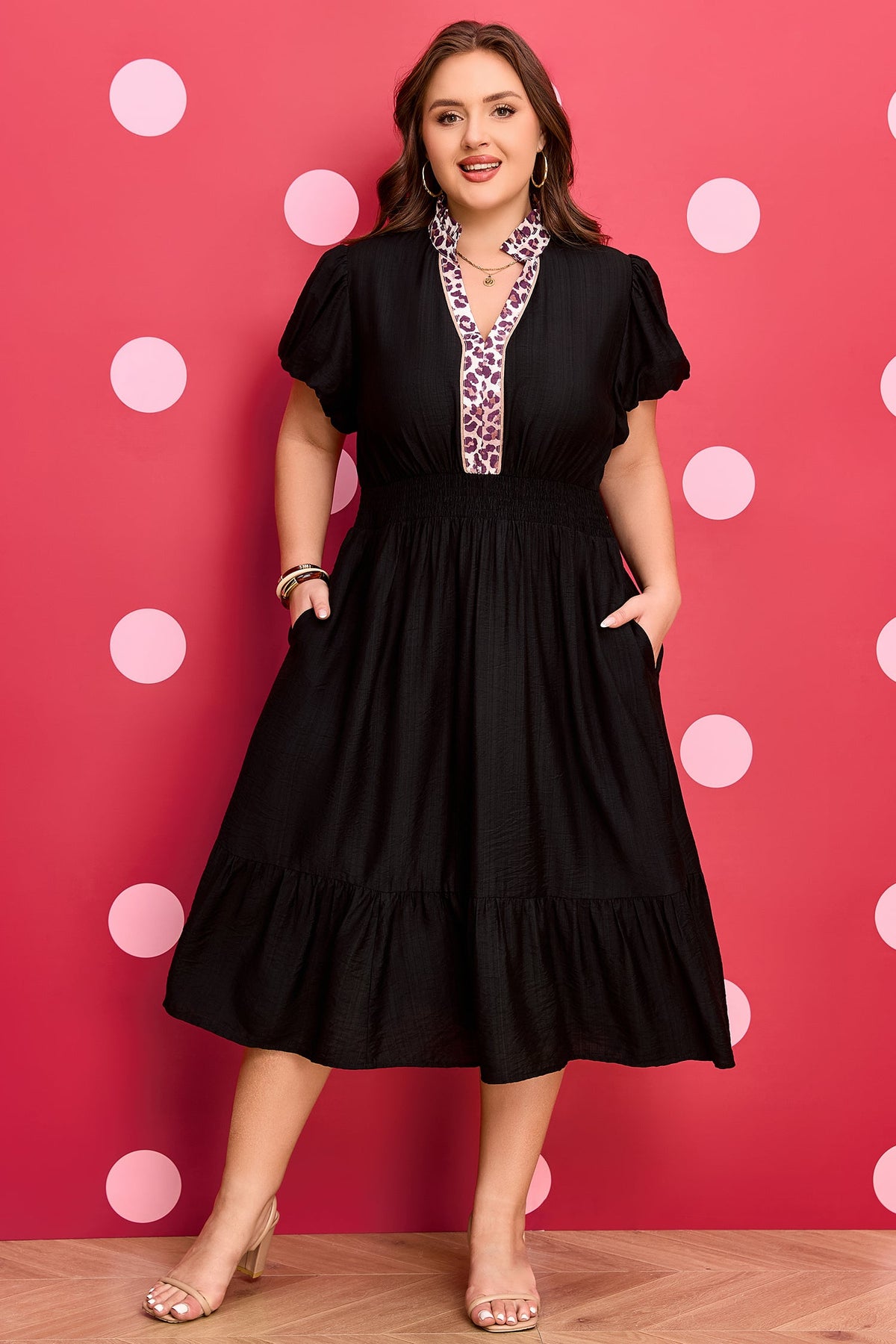 Plus Size Leopard Ruffle V-Neck Smocked Waist Dress