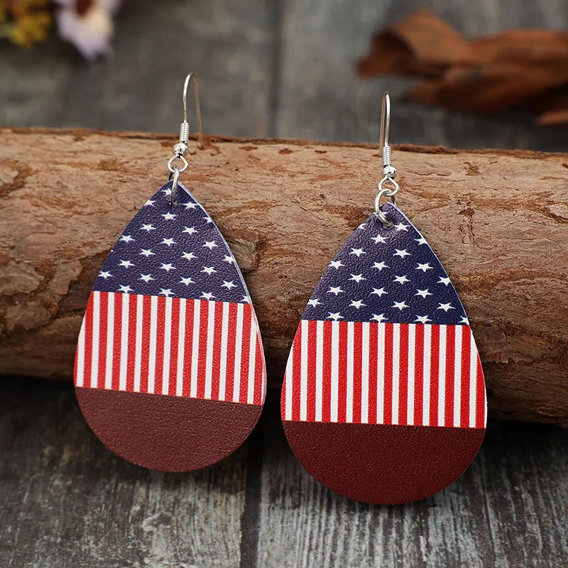 Stars and Stripes Faux Leather Teardrop Earrings