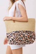 Beige Straw Woven Leopard Patchwork Large Tote Bag