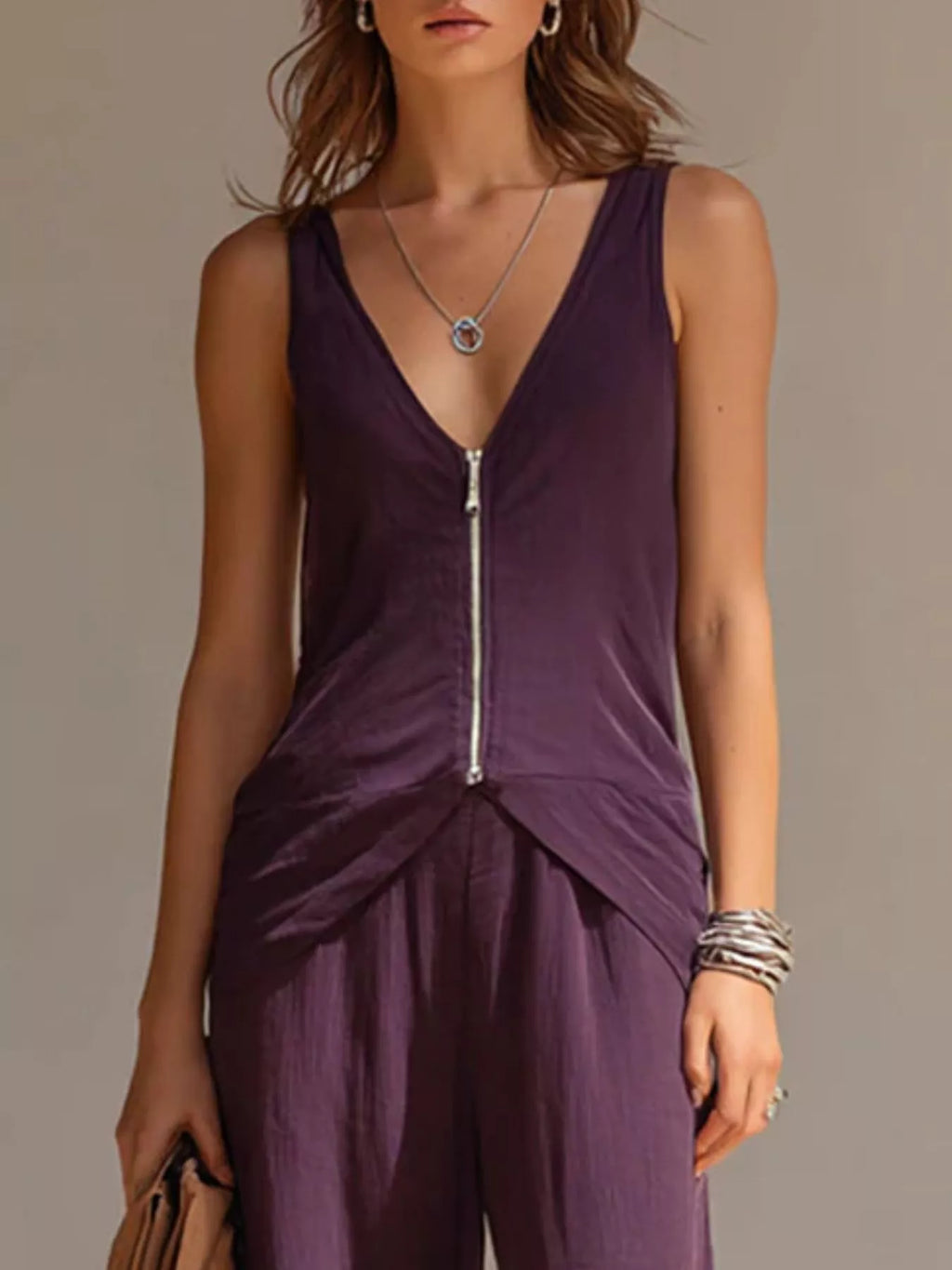 Full Size Zipper Front Tank and Wide-Leg Pants Set Plus Size