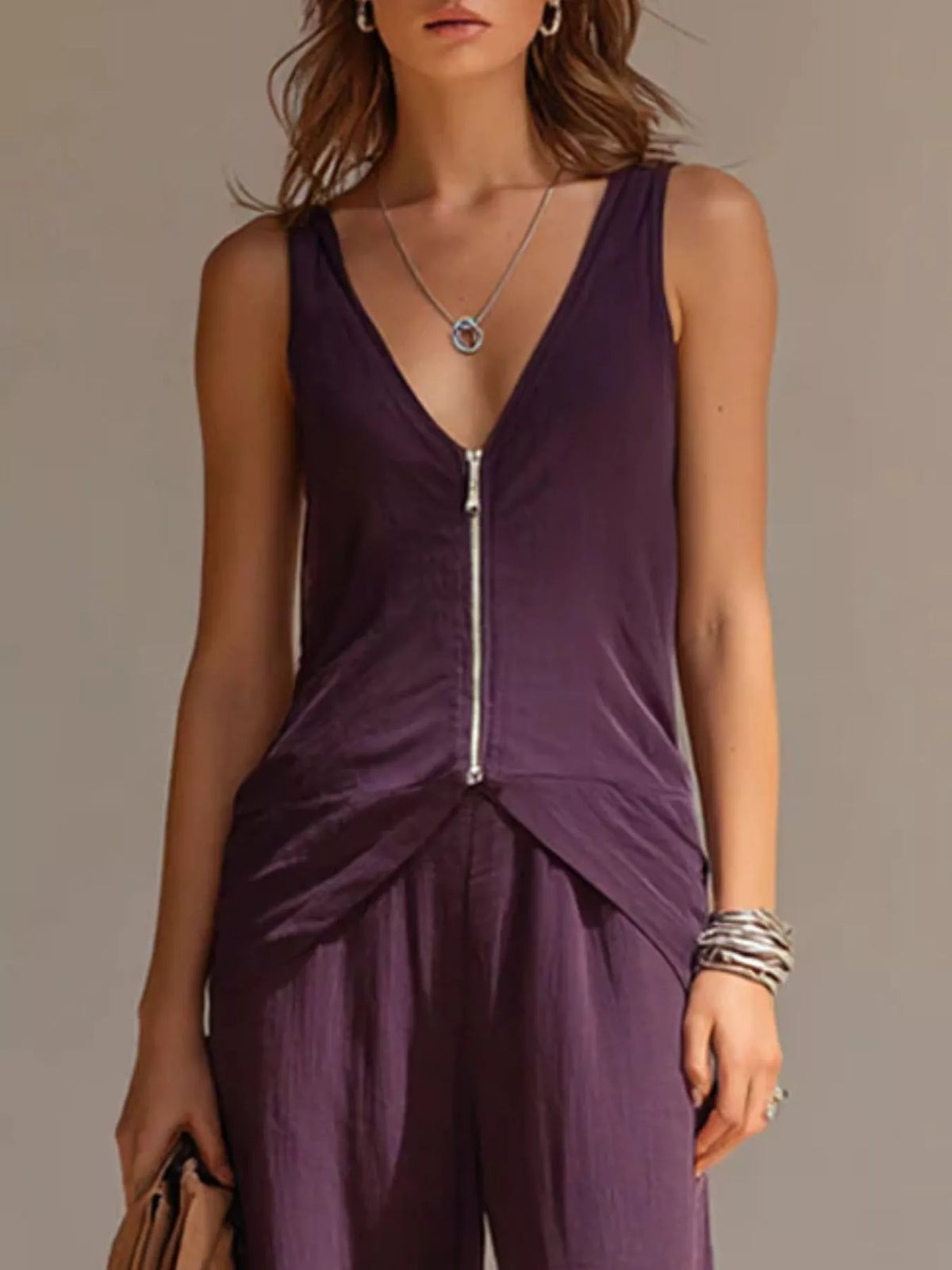 Full Size Zipper Front Tank and Wide-Leg Pants Set Plus Size