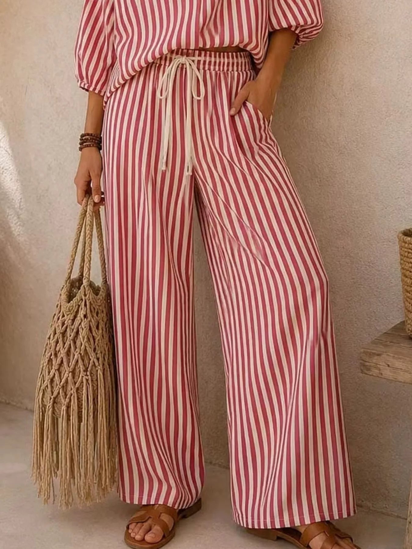 Full Size Striped Puff Sleeve Shirt and Wide-Leg Drawstring Pants Set Plus Size
