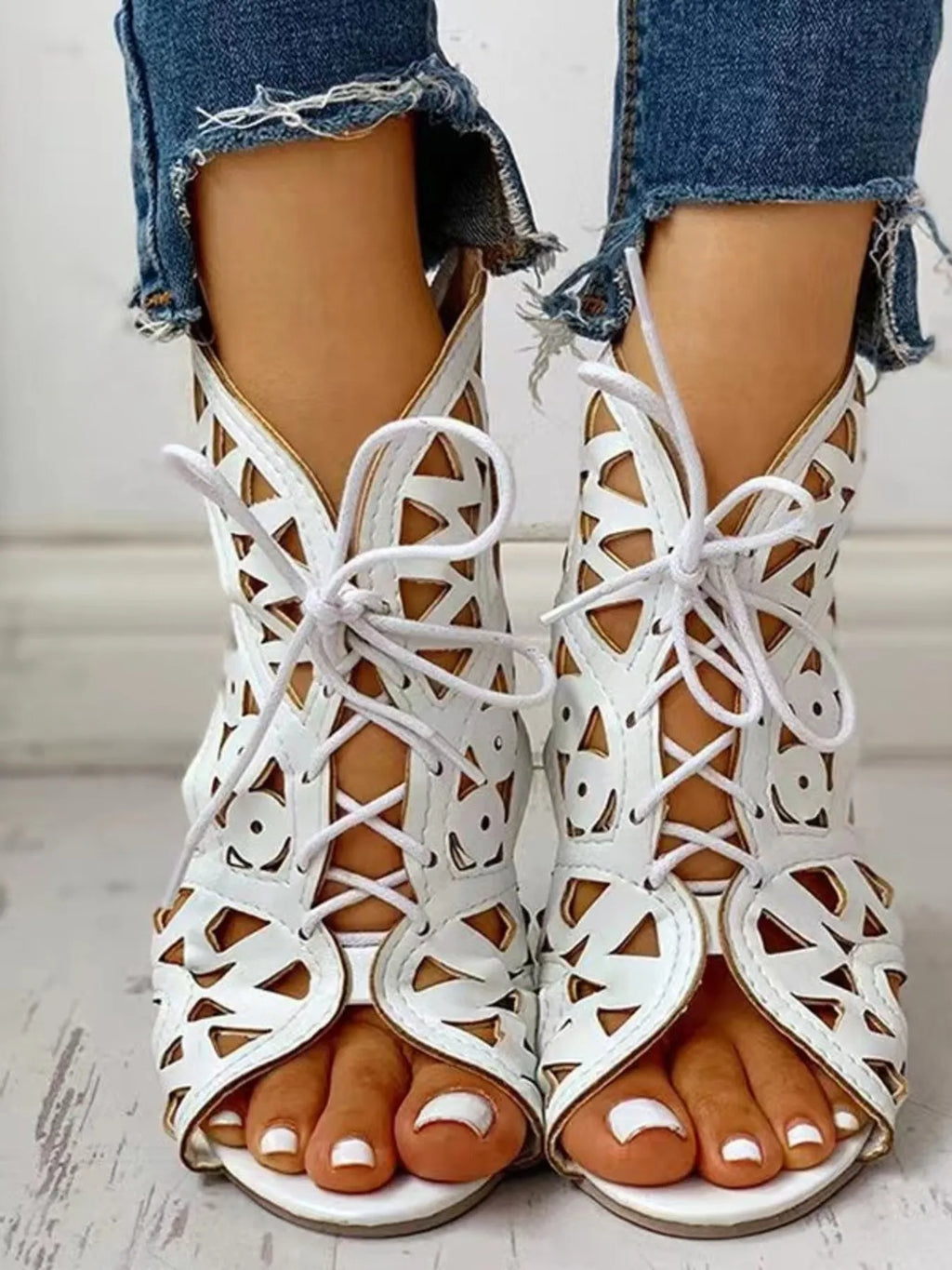 Lace-Up Geometric Cutout Sandals