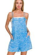 Washed Linen Blend Knot Strap Romper with Pockets