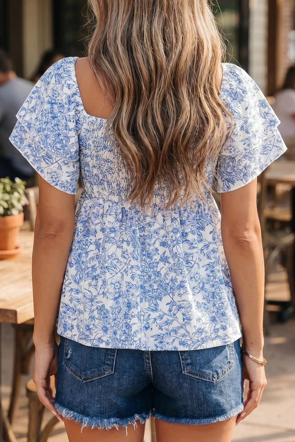 Floral Print Square Neck Ruffled Sleeve Shirred Babydoll Blouse