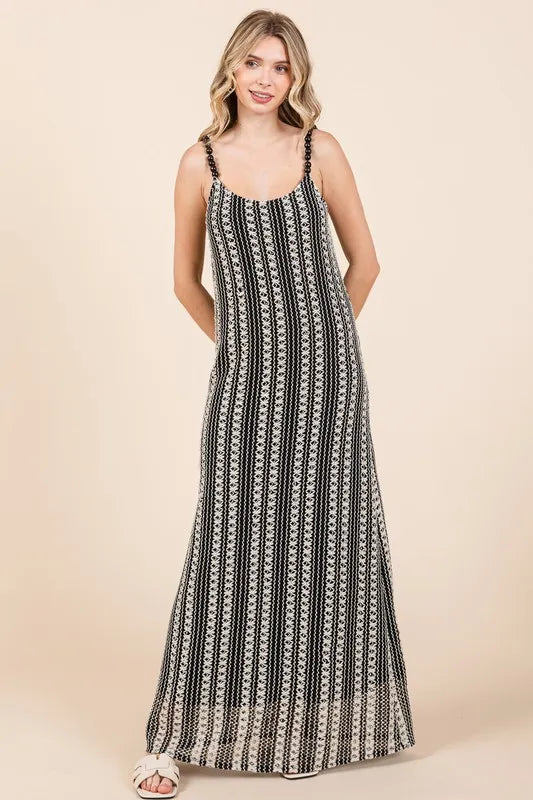 Striped Scoop Neck Beaded Strap Maxi Cami Dress