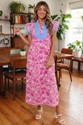 Pink Floral Print Color Block Patchwork V Neck Short Sleeve Midi Dress