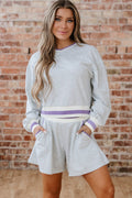 Light Grey Contrast Striped Bands Cropped Pullover and Athletic Short Set