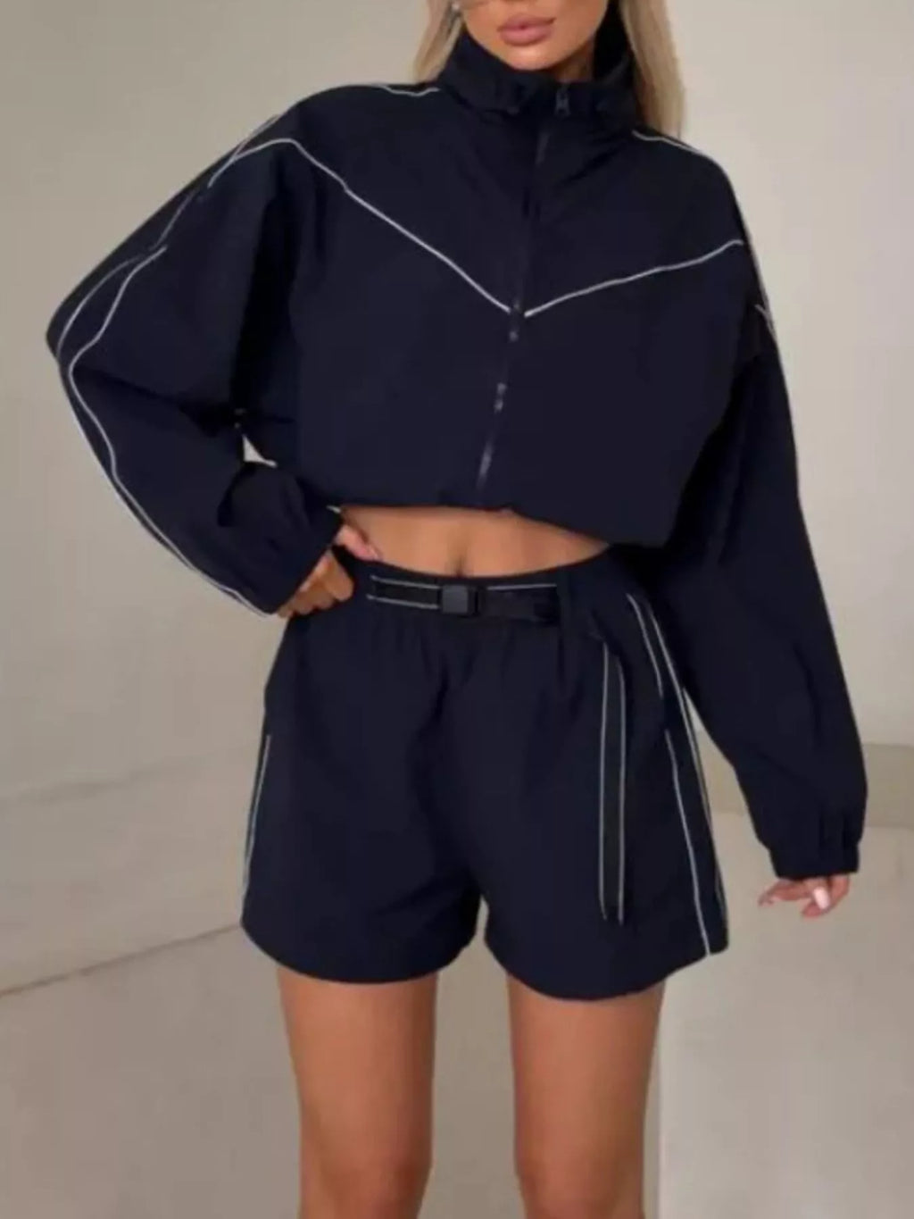 Drawstring Zip-Up Jacket and Shorts Set