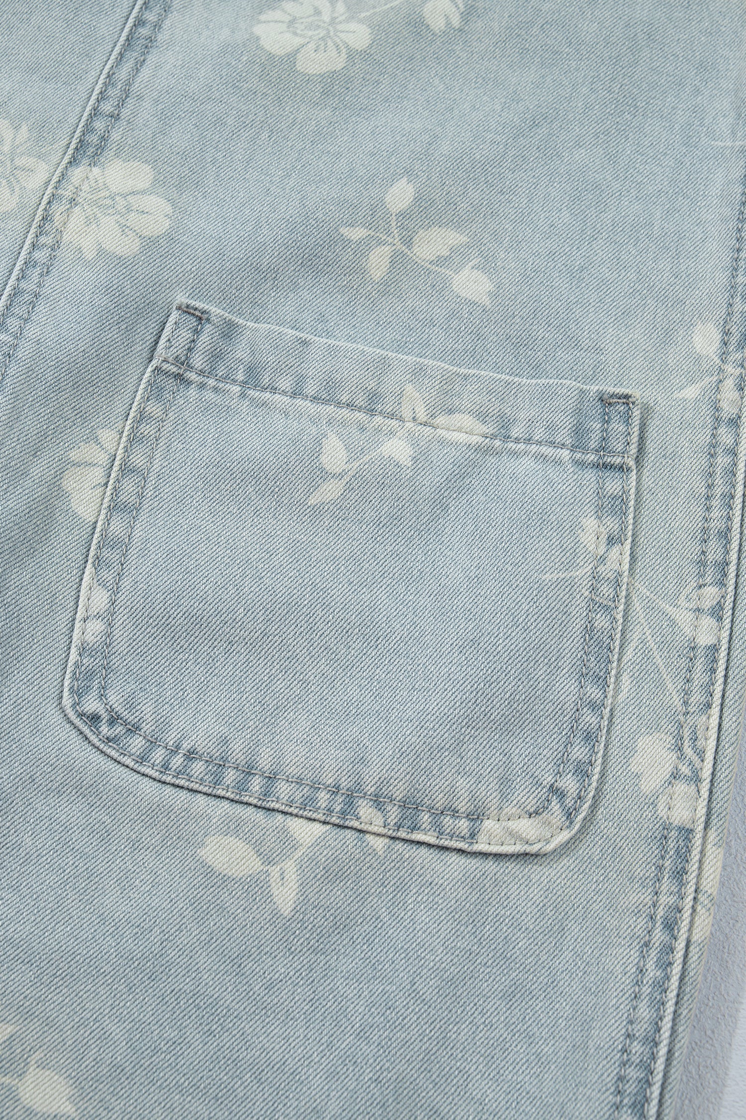 Sky Blue Retro Wash Denim Floral Print Overall Mini Dress
