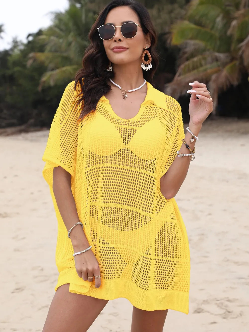 Hollow Out Collared Neck Openwork Sheer Cover-Up