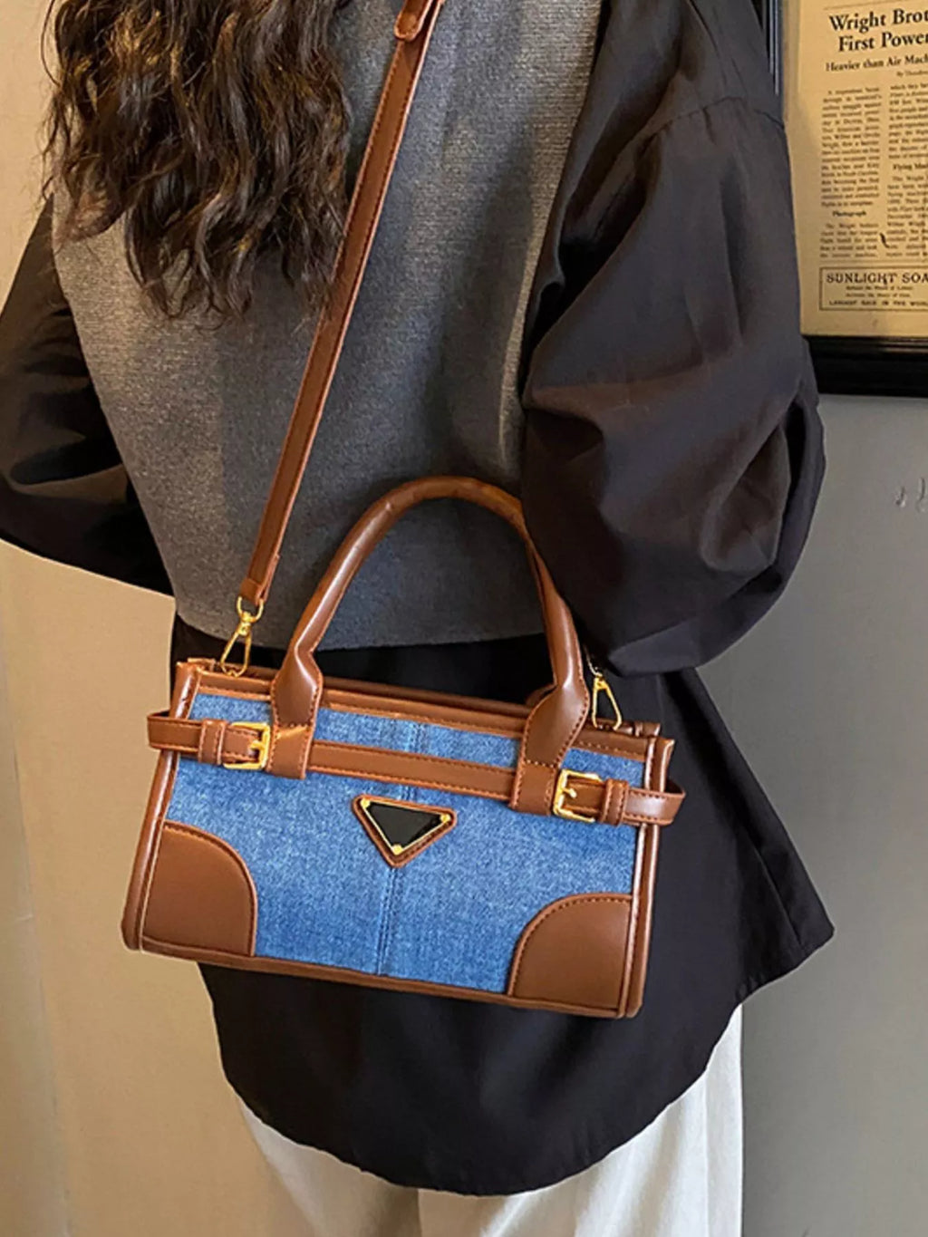 Denim Patchwork Buckle Decor Crossbody Bag