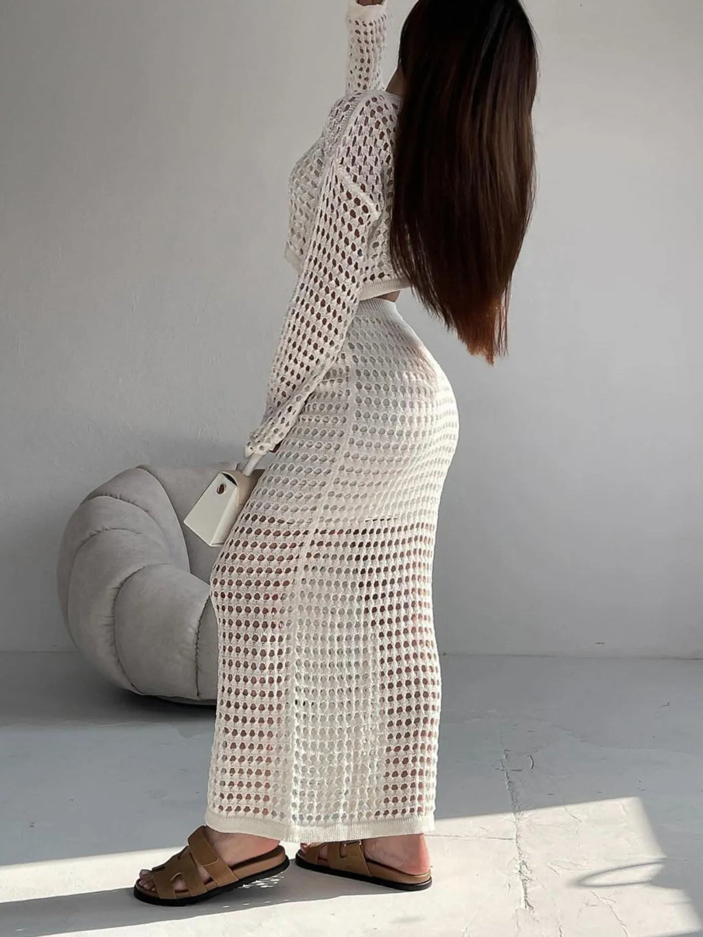 Hollow Out Long Sleeve Top and Skirt Knit Set