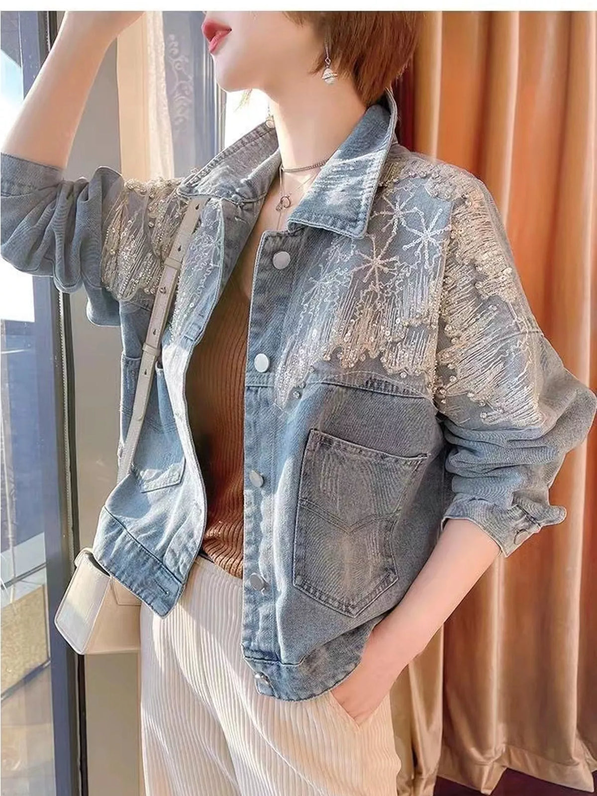 Embellished Rhinestone Snowflake Denim Jacket