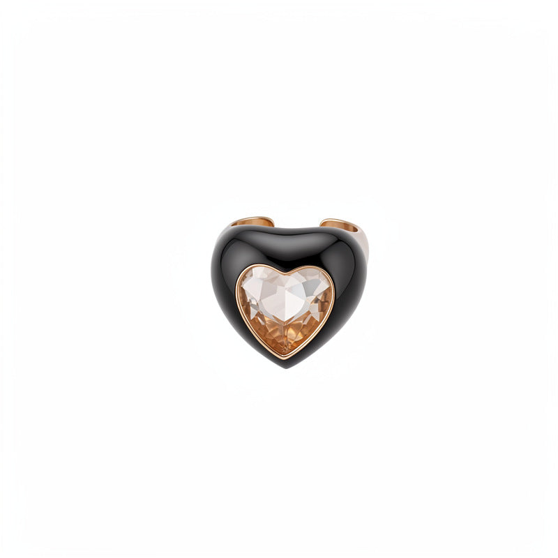 Women Heart Open Adjustable Ring,European American Enamel Inlaid Rhinestone Ring,Simple Elegant Niche Fashion Index Finger Hand Jewelry