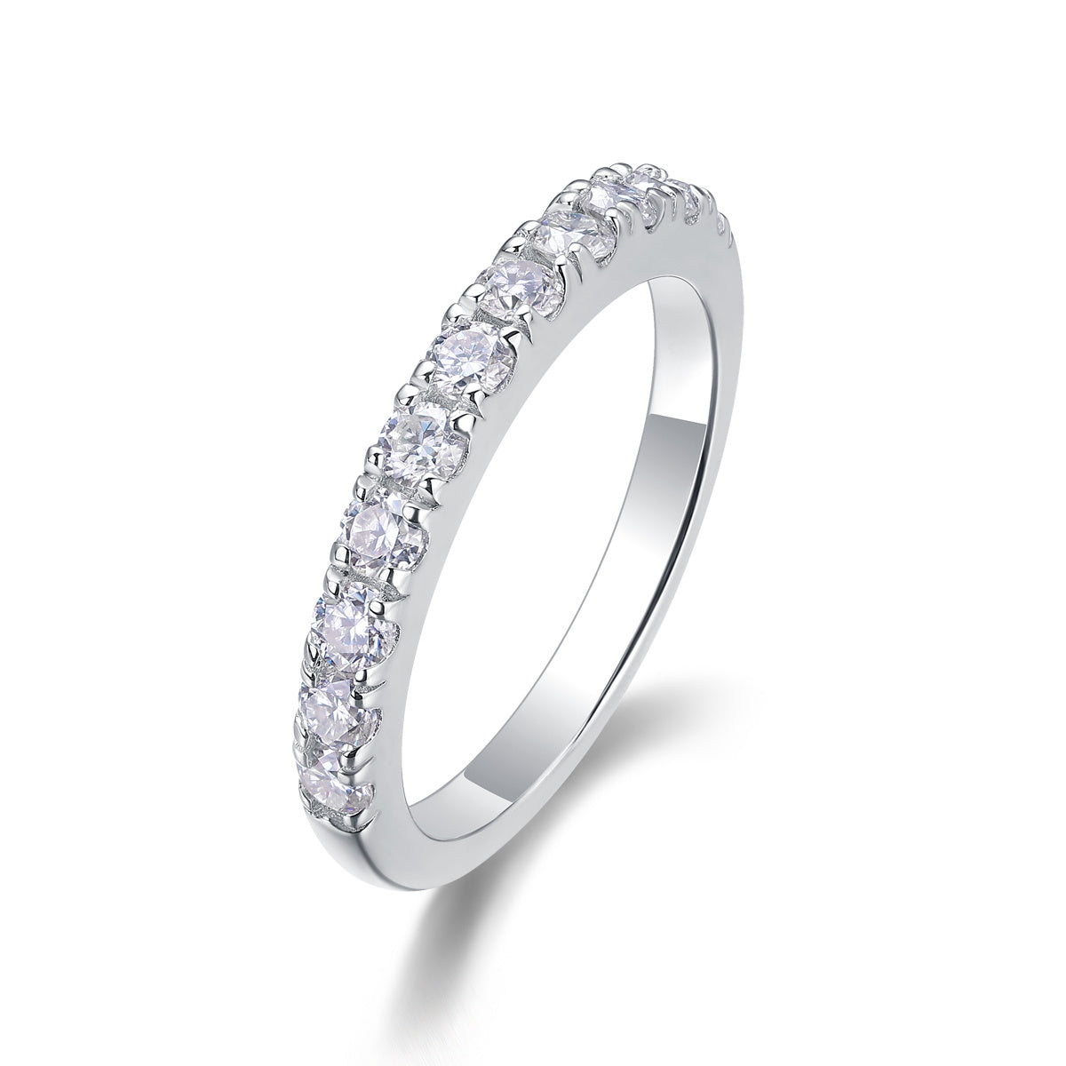S925 Silver 2.6g Platinum Plated Moissanite Ring, 3.0mm 8pcs D VVS1 Half Eternity Band, GRA Certified US 5-9