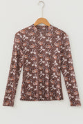 Brown Polka Dot Bow Football Print Long Sleeve Mesh Top