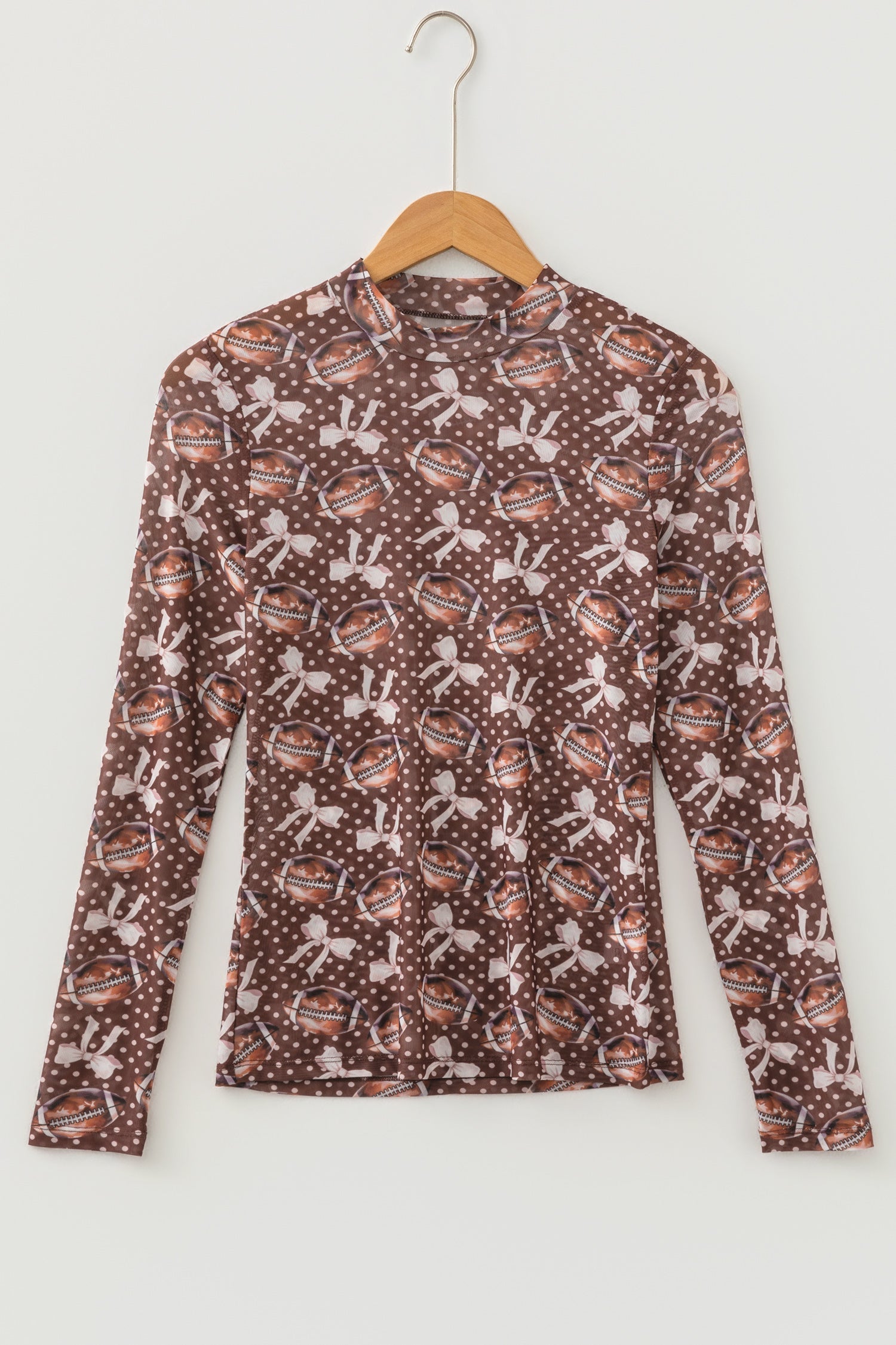 Brown Polka Dot Bow Football Print Long Sleeve Mesh Top