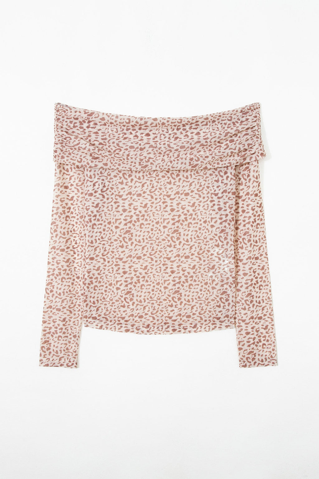 Brown Leopard Print Foldover Off Shoulder Long Sleeve Mesh Top