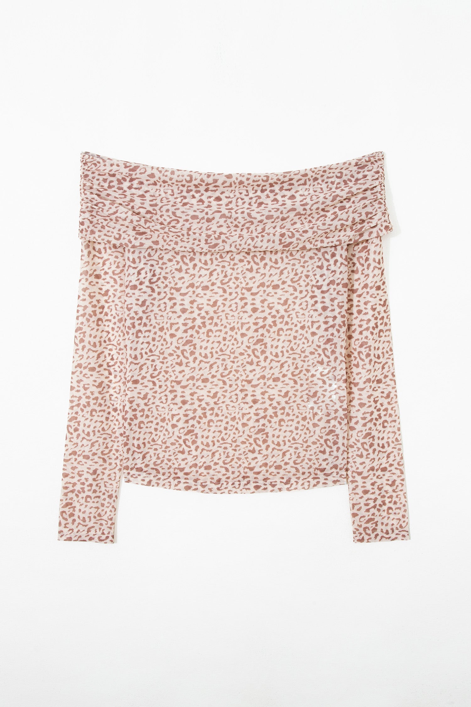 Brown Leopard Print Foldover Off Shoulder Long Sleeve Mesh Top