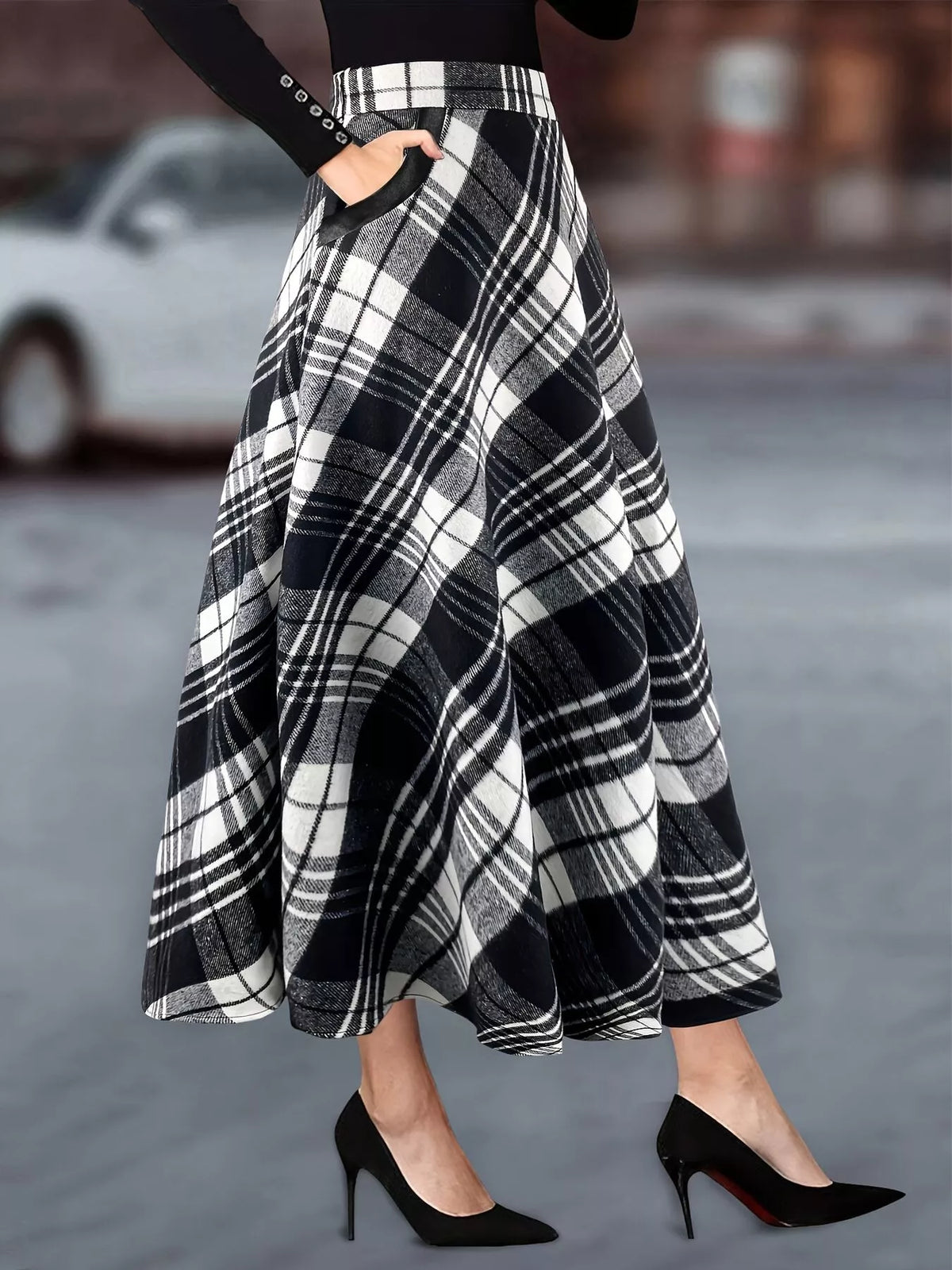 Plaid A-Line Midi Skirt with Pockets
