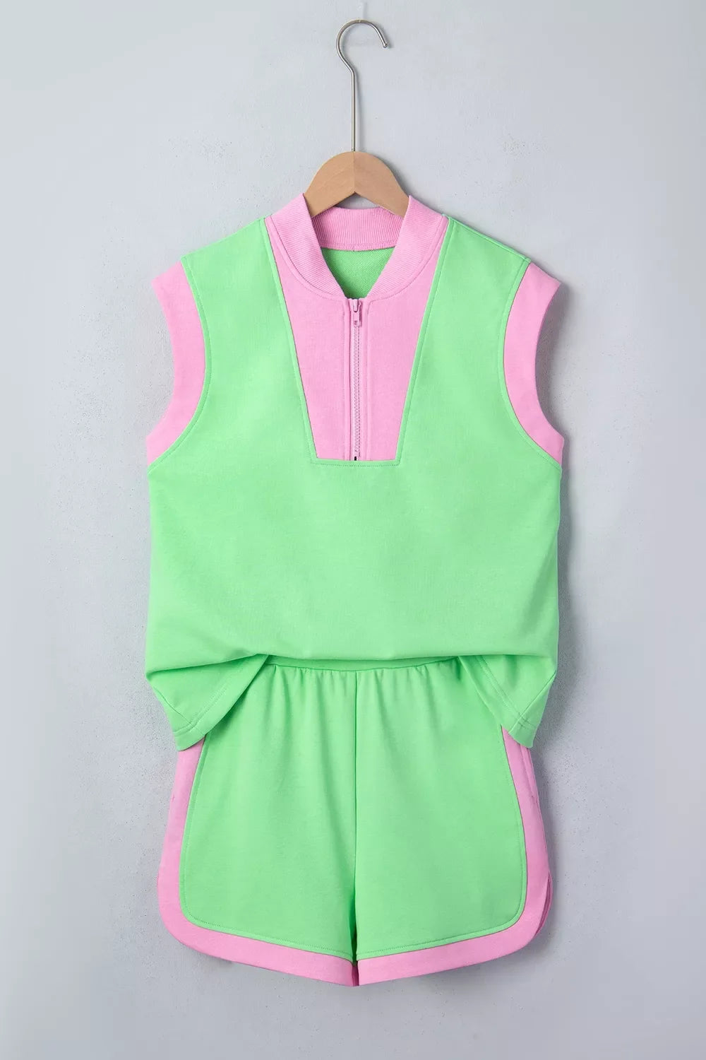 Color Block Accent Half Zip Top Athleisure Shorts Set