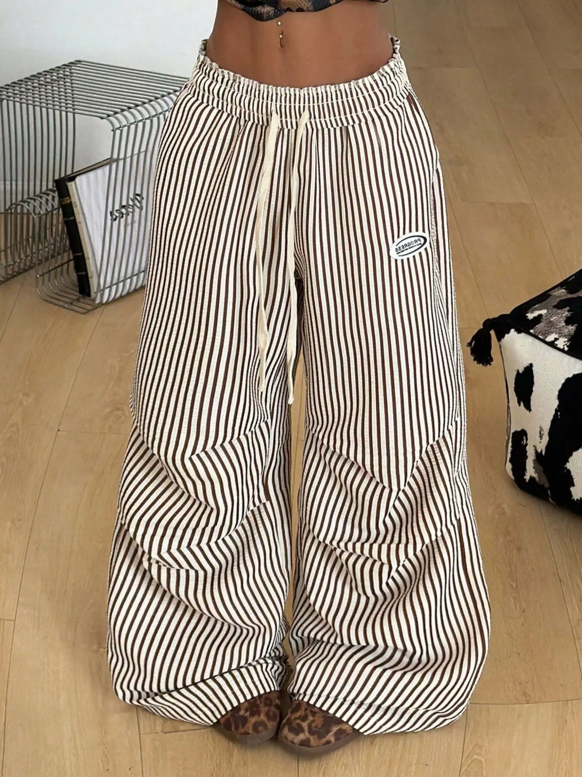 High-Waisted Striped Wide-Leg Cargo Pants with Drawstring