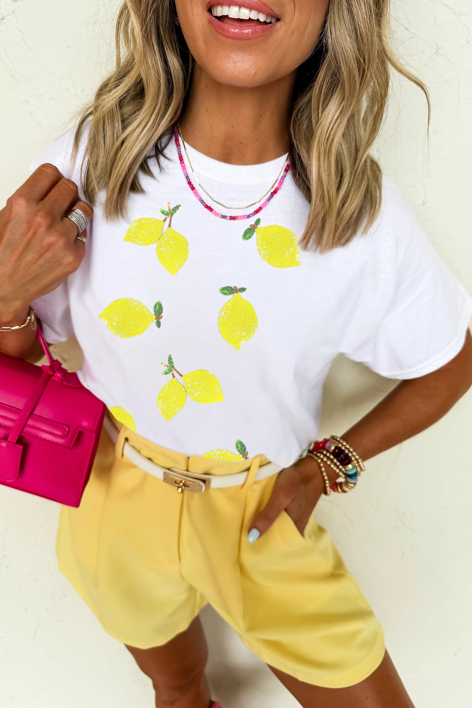 White Sequin Lemon Graphic Casual Summer Tee