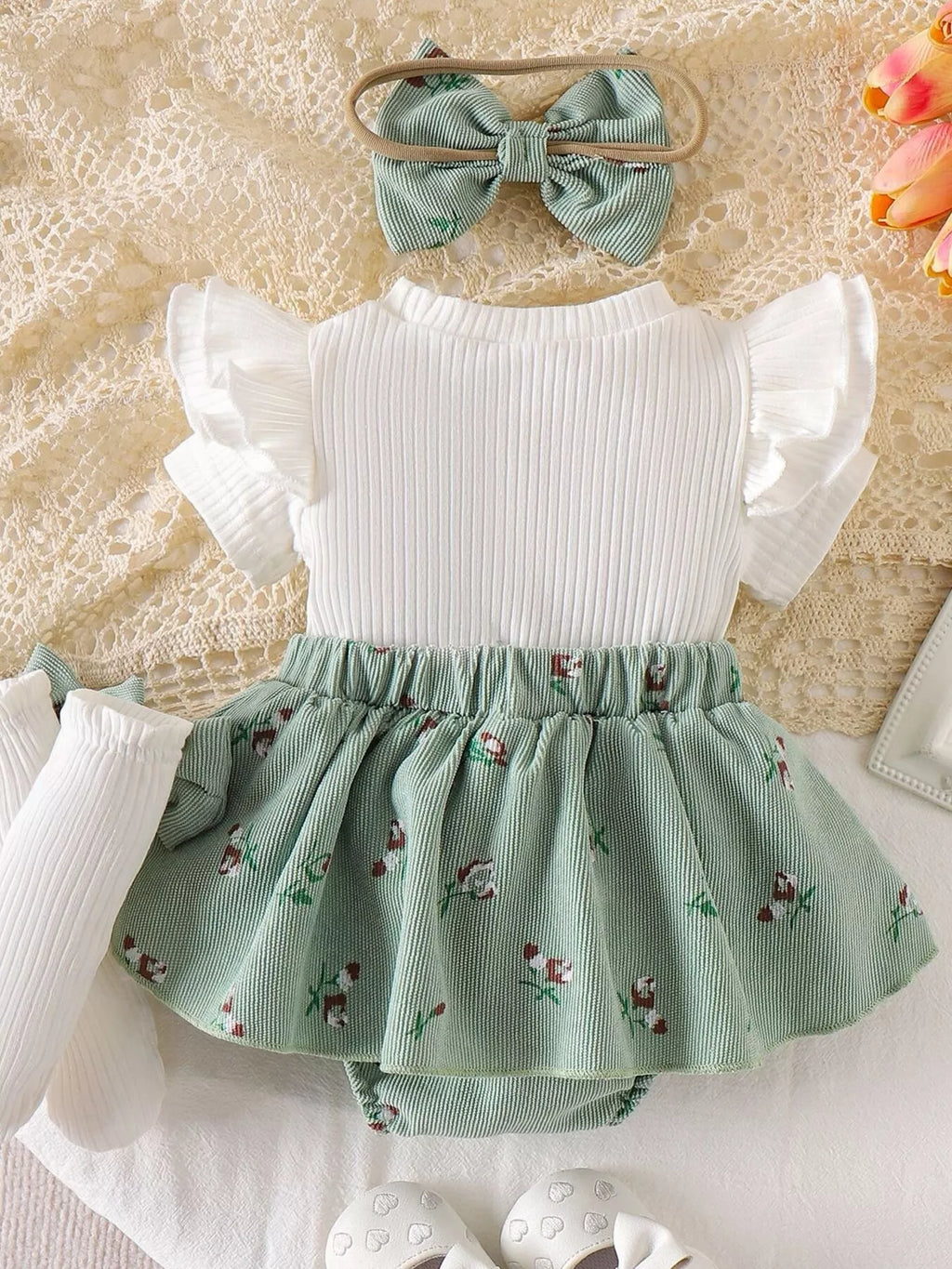 Children's Bow Ribbed Knit Dress & Headband & Socks Set