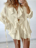Ruffled Tie Front Blouse and Shorts Set