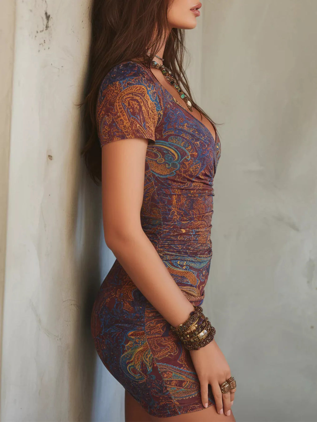 Full Size Printed Ruched Bodycon Mini Dress Plus Size